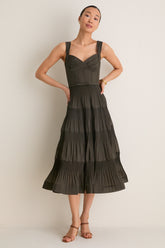 Olive Pleated Draped Midi Dress