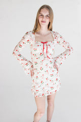 Lace Cherry Bow Long Sleeve Mini Dress