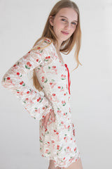 Lace Cherry Bow Long Sleeve Mini Dress
