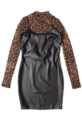 Pleather Mini Dress With Leopard Print Mesh Long Sleeve Tee