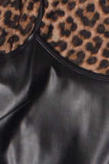 Pleather Mini Dress With Leopard Print Mesh Long Sleeve Tee