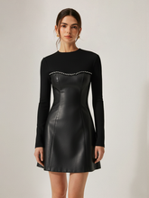 Faux Leather Panel Long Sleeve Rhinestone Trim Mini Dress