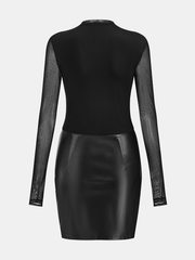 Mesh Ruched Panel Faux Leather Mini Dress