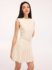 Belted Tweed Sleeveless Pleated Mini Dress