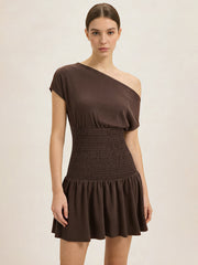 One Shoulder Smocked Waist Mini Dress