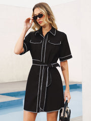 Contrast Stitch Belted Shirt Dress