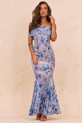 Serina Flocked Mesh Maxi Dress - Blue