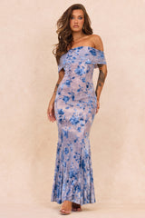 Serina Flocked Mesh Maxi Dress - Blue