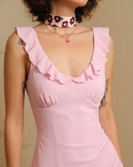 Pink V Neck Ruffle Sleeveless Midi Dress