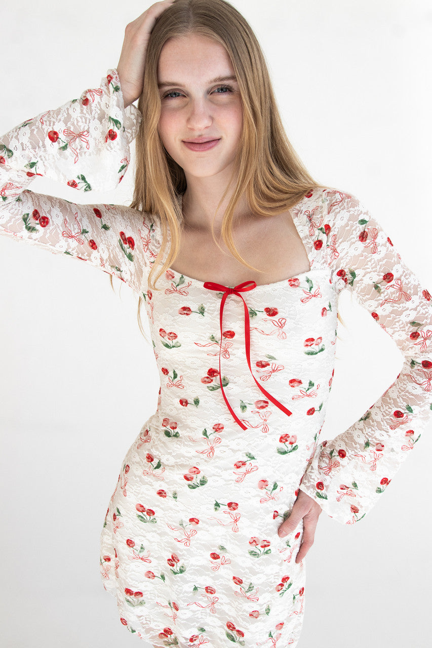Lace Cherry Bow Long Sleeve Mini Dress