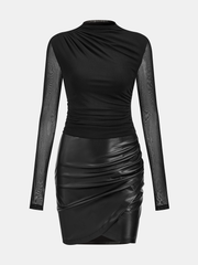 Mesh Ruched Panel Faux Leather Mini Dress