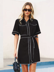 Contrast Stitch Belted Shirt Dress