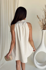 Celeste Natural Linen & Pearls Mini Dress