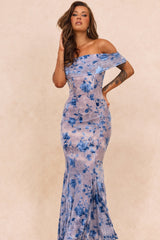 Serina Flocked Mesh Maxi Dress - Blue