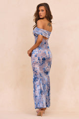 Serina Flocked Mesh Maxi Dress - Blue