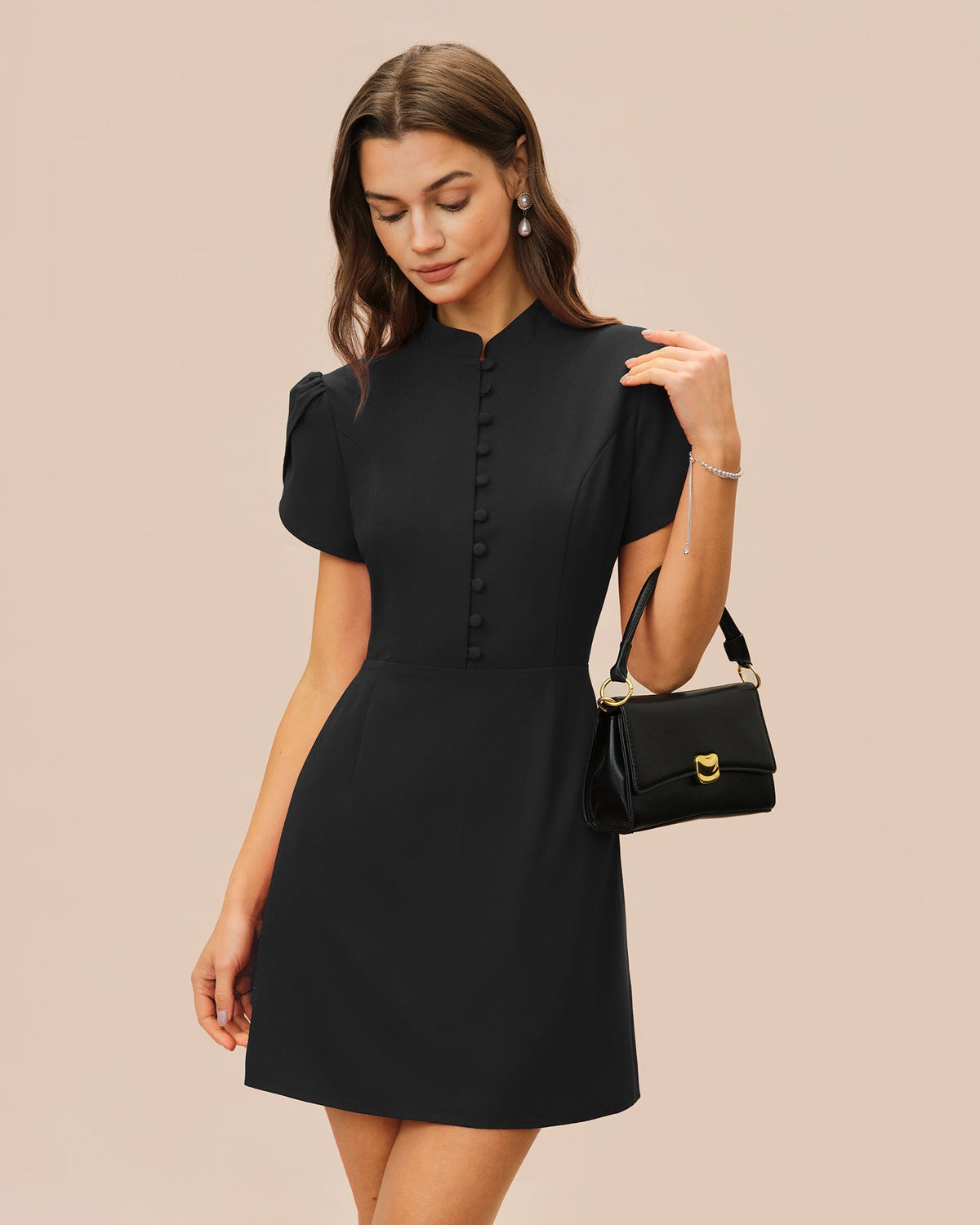 Black Mandarin Collar Petal Sleeve Mini Dress